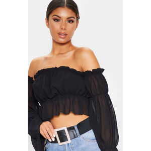 Pretty Little Thing Black Woven Ruffle Bardot Top Size 8 NWT
